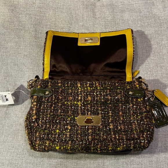 NWT Coach Green/ Brown Fall Tweed Chelsea Boucle Flap Bag - Picture 3 of 11